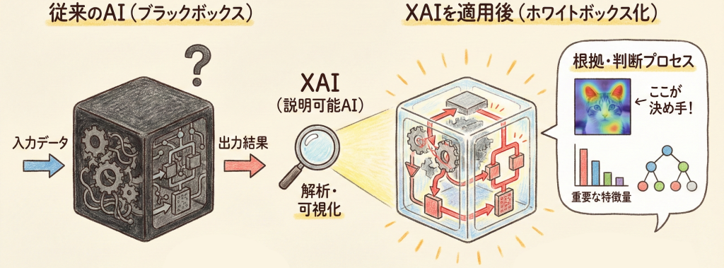 XAIの概念図：ブラックボックスと説明可能性