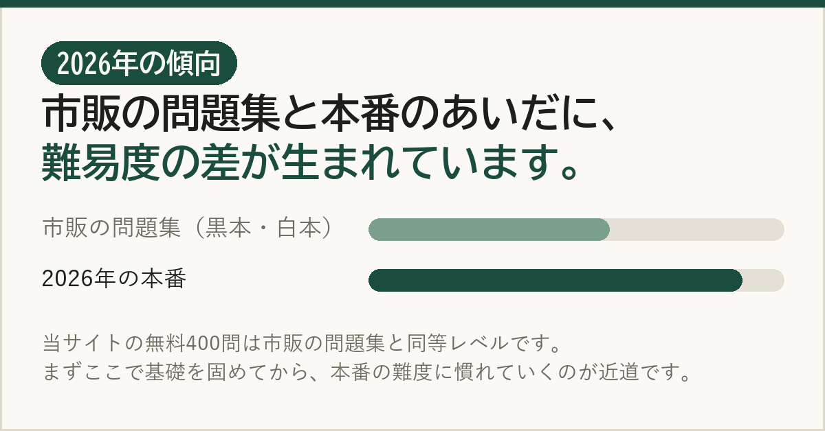 2026年の傾向：市販の問題集と本番のあいだに難易度の差が生まれています。当サイトの無料400問は市販の問題集と同等レベルです